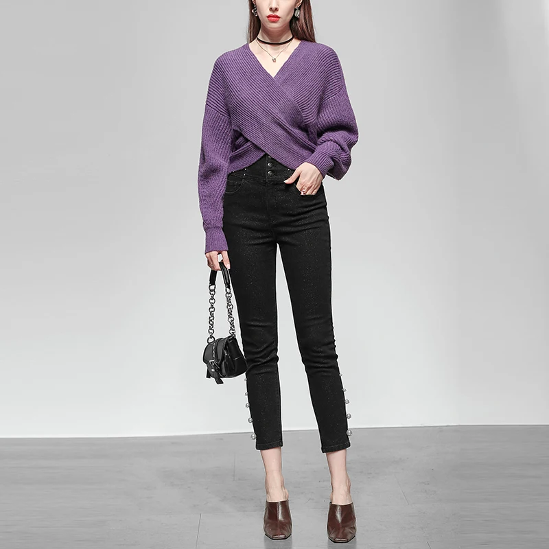 

Модные джинсы-карандаш с высокой талией, украшенные жемчугом, облегающие, укороченные, с ультравысокой талией, в уличном стиле, женские...