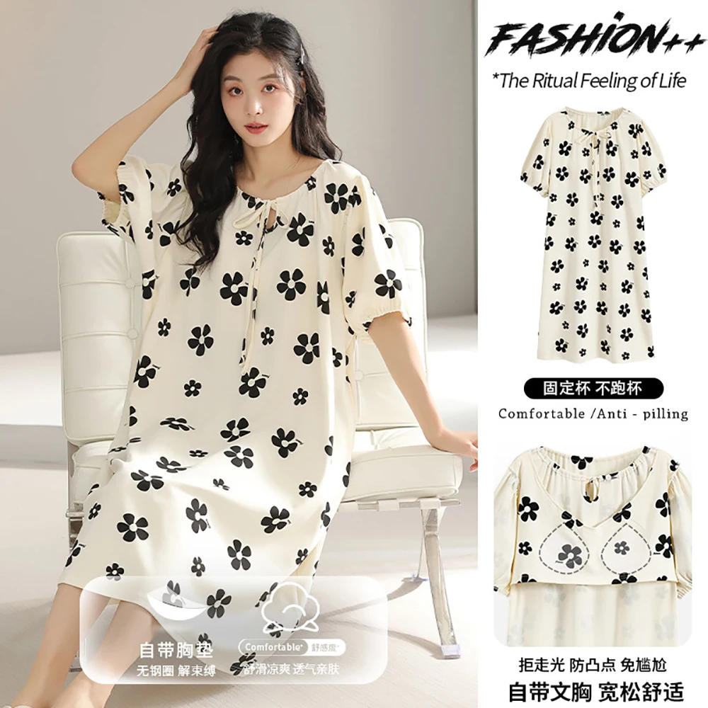 

M-3XL 100% Cotton Plus Size 2024 Summer New Dresses Comfortable Padded Bra Sleep Shirts Sweet Print Night Dress Women Nightgowns