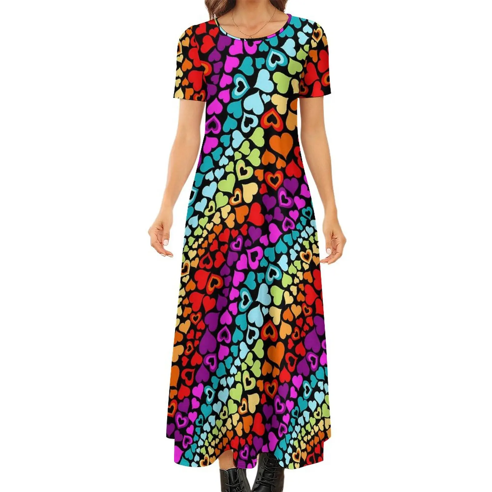 

Rainbow Love Hearts Dress Valentine Vintage Maxi Dress Short Sleeve Funny Boho Beach Long Dresses Woman Pattern Oversize Vestido