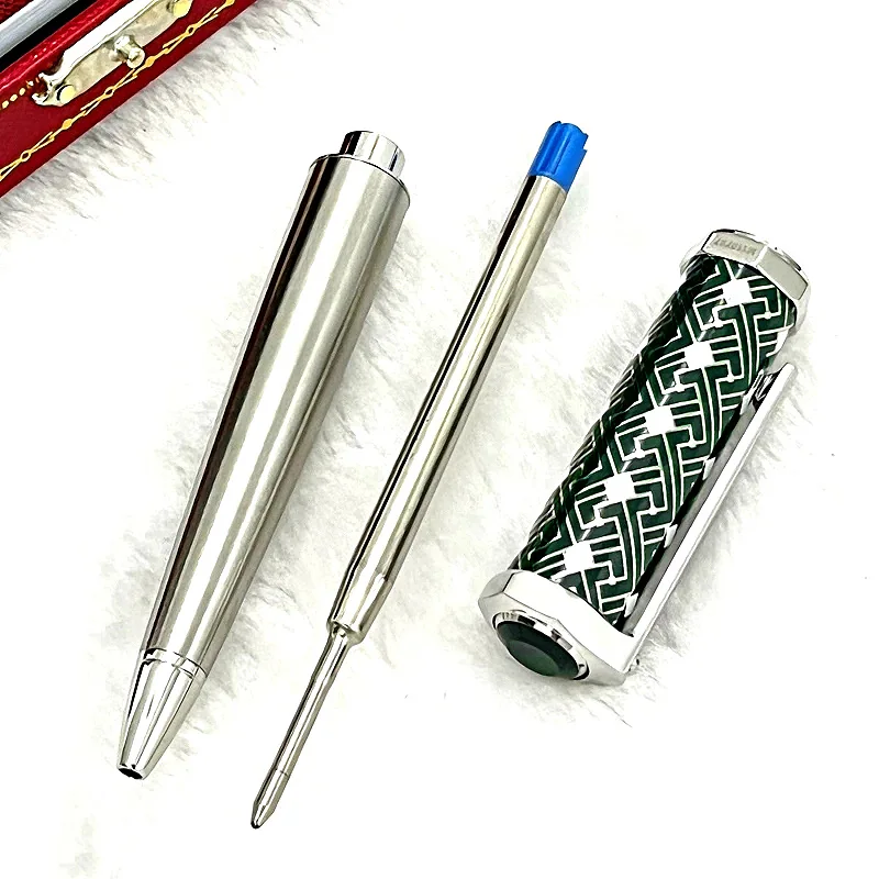 AGD Heptagon S-Dumont CT Luxury Green Square-Line Pattern Ballpoint Pen Silver Trim With Serial Number Writing Smooth