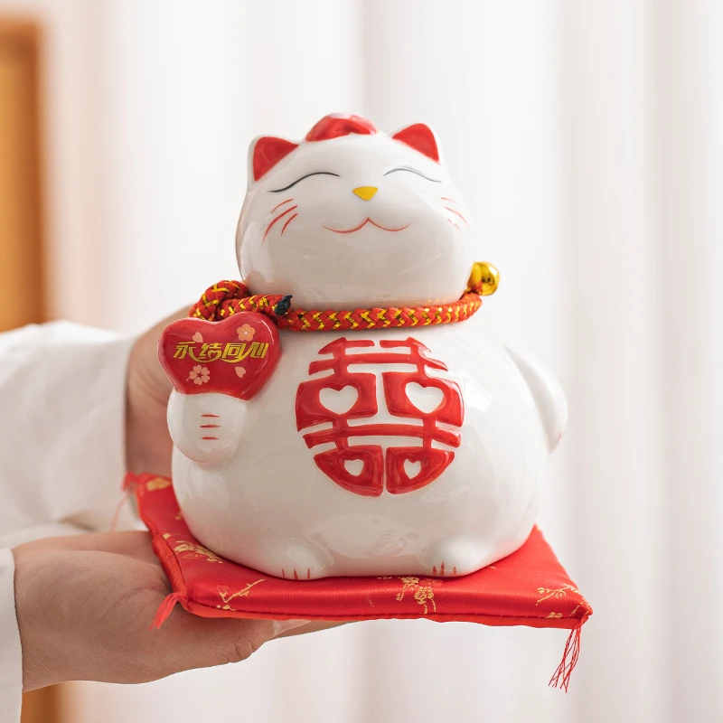 1 Set Ceramic Couple Lucky Cat For Wedding Marriage Porcelain Maneki Neko Fortune Cat Piggy Bank Money Box 5.3 Inch