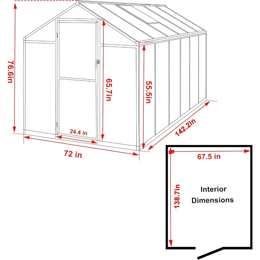 6 X 12 FT Outdoor Greenhouse, with Aluminum Frame, Lockable Door and Ajustable Roof Vent, Polycarbonate Greenhouse