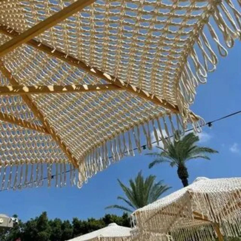 Luxury Crochet Patio Wooden Umbrella  Handmade Cotton Tassels and Macrame Ropes with Fringe