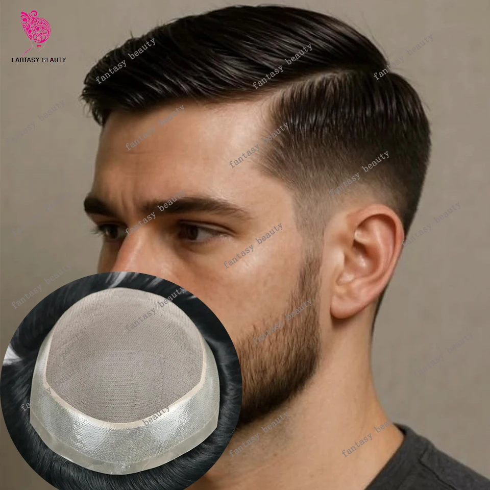 

Натуральный мужской парик-накладка из моно-сетки с полиуретановым основанием, 100% человеческие волосы, цвет светлый блонд/черный, недорогой мужской парик-протез, волнистый/прямой