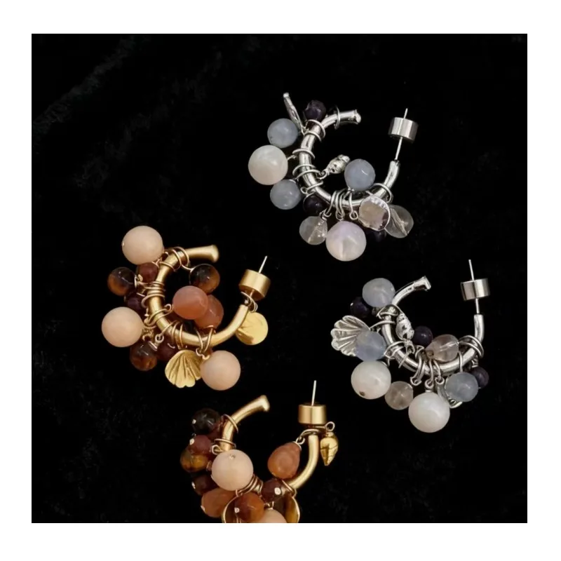 

Natural Stone Shell Beaded Fringed Earrings Niche Design High-end Stud Earrings Light Luxury Temperament Versatile Earrings