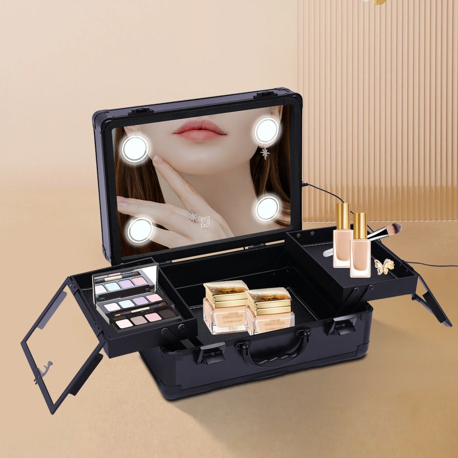 

Black Portable LED Lighted Makeup Train Case with Adjustable Vanity Mirror - Large Capacity Cosmetic Organizer