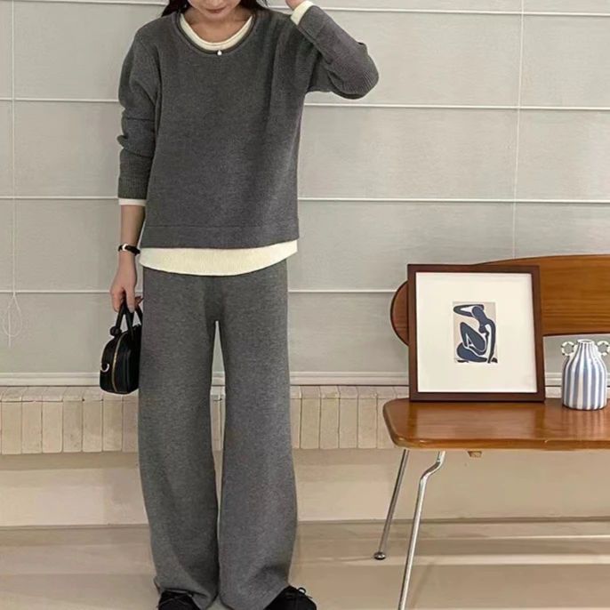 Autumn Winter 2 Pieces Women Sets Knitted Tracksuit Lazy Style Loose Casual Fashion Splicing Sweater Top and Wide Leg Pants Suit