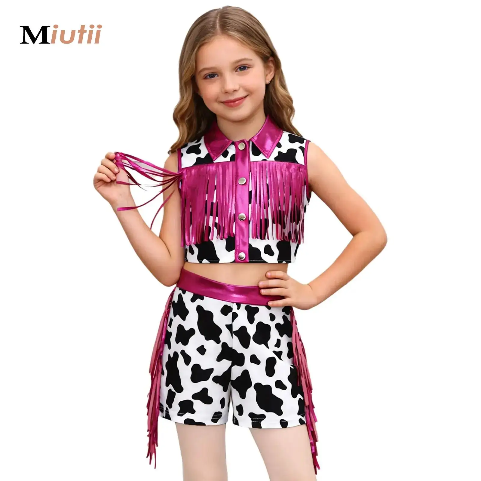 

Girls Shiny Sequins Tassels Jazz Dance Ballet Tutu Dress Carnival Western Cowgirl Cowboy Performance Costume Fringe Vest+Shorts