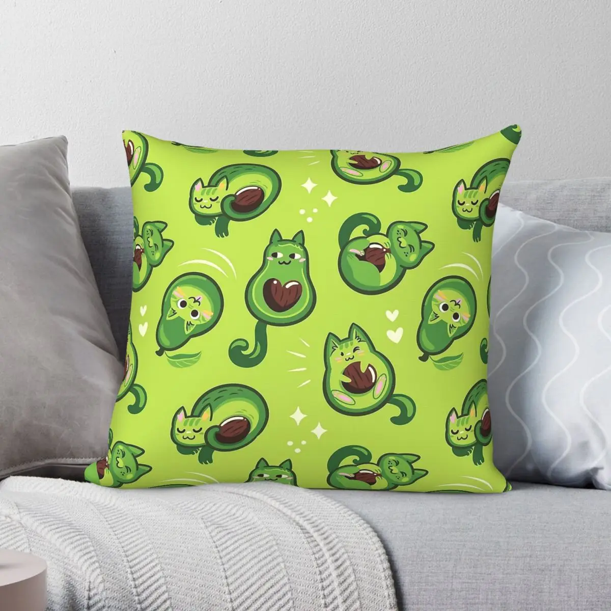 Kawaii Avocado Plus Cats Square Pillowcase Polyester Linen Velvet Creative Zip Decor Sofa Cushion Cover 18