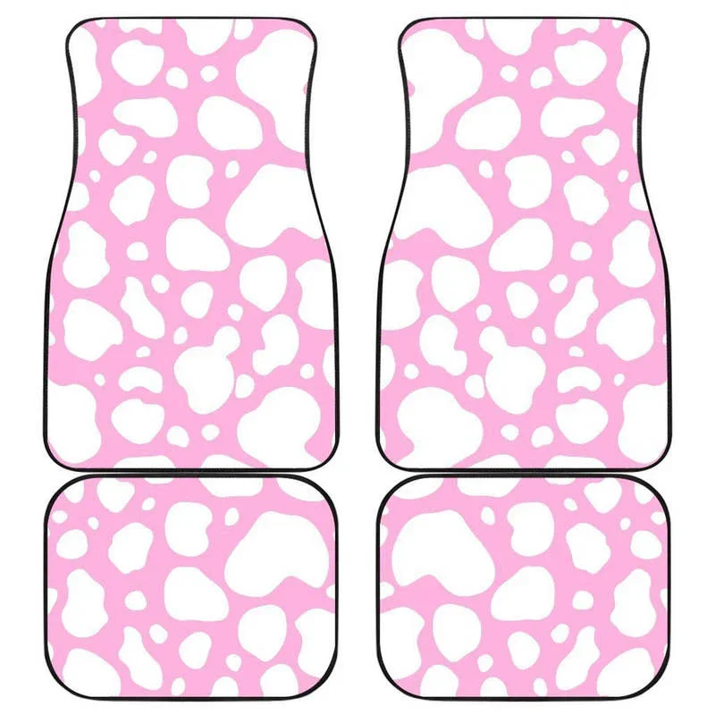 White And Pink Cow Print Front and Back Car Floor Mats    Heavy Carpet Front and Rear Full Set 4PCs Pack