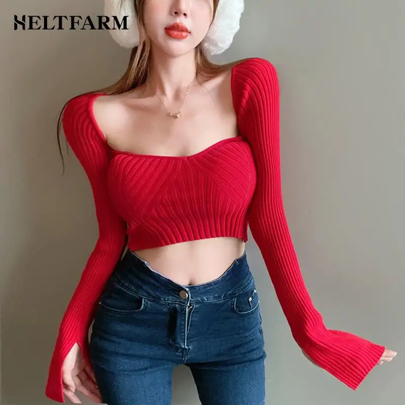 Autumn Winter Women Sexy Red Square Neck Long Sleeve Slim Short Knitted Sweater