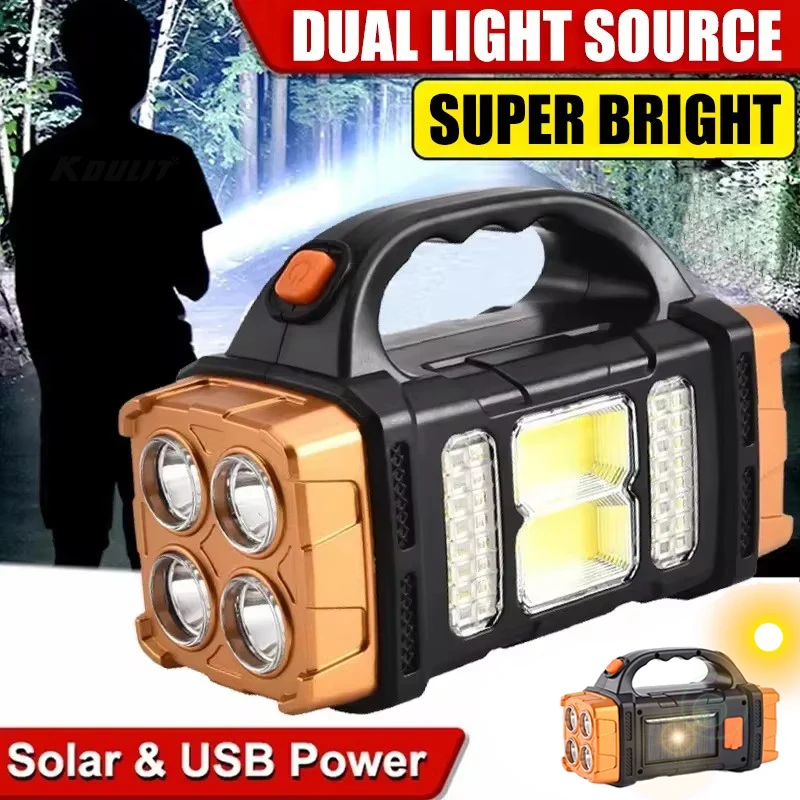 Multifunctional Solar Powered Rechargeable LED Flashlight Dual Light Source Portable High Power Torch Outdoor Camping Lamp