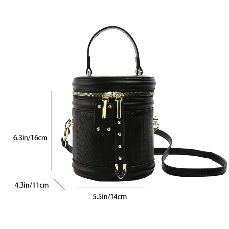 Women PU Leather Crossbody Round Bucket Bag with Double Metal Zipper Top Handle