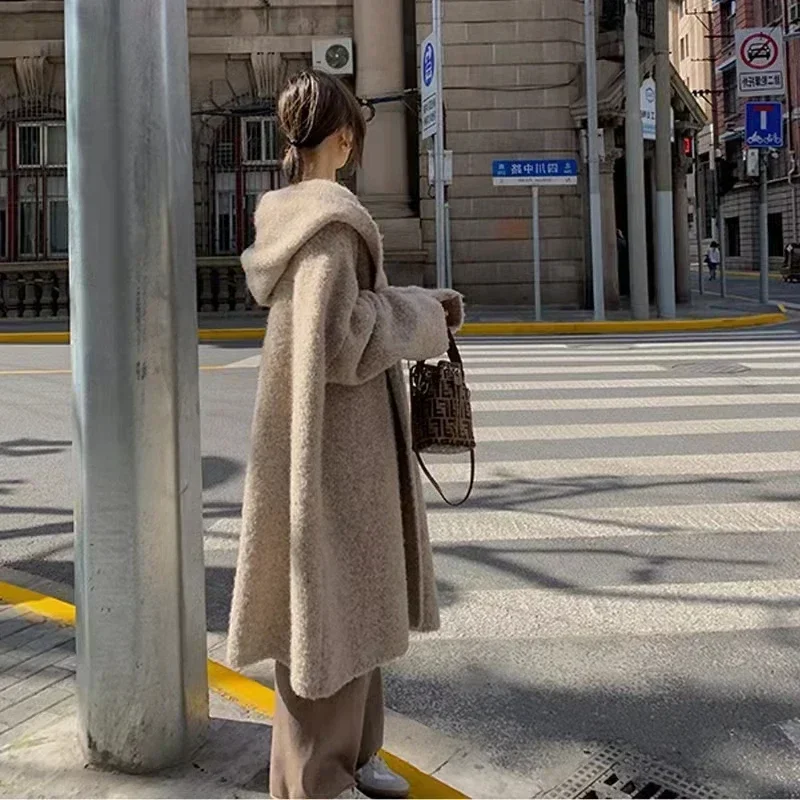 Autumn and Winter Luxury Warm Vintage Casual Hooded Coat Korean Design Plush Maxi Long Cardigan Fluffy Long Sleeve Sweater Women