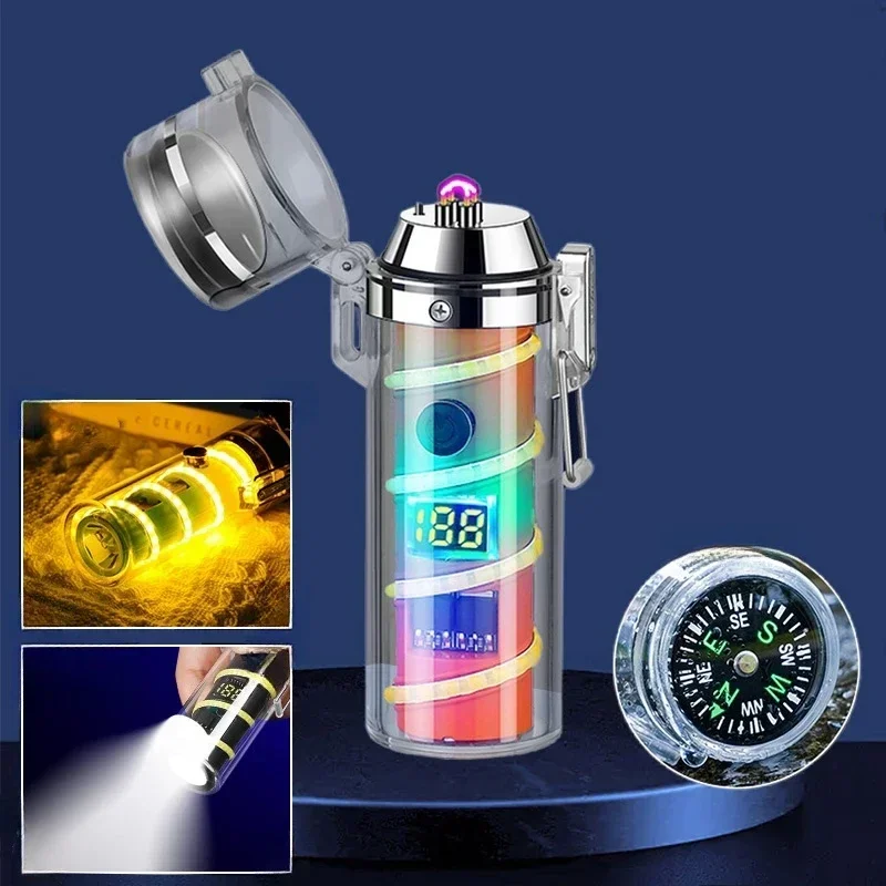 Waterproof Dual Arc Electric Lighters Multifunction Plasma USB Rechargeable Lighter High-Bright Dream Atmosphere Light For Men