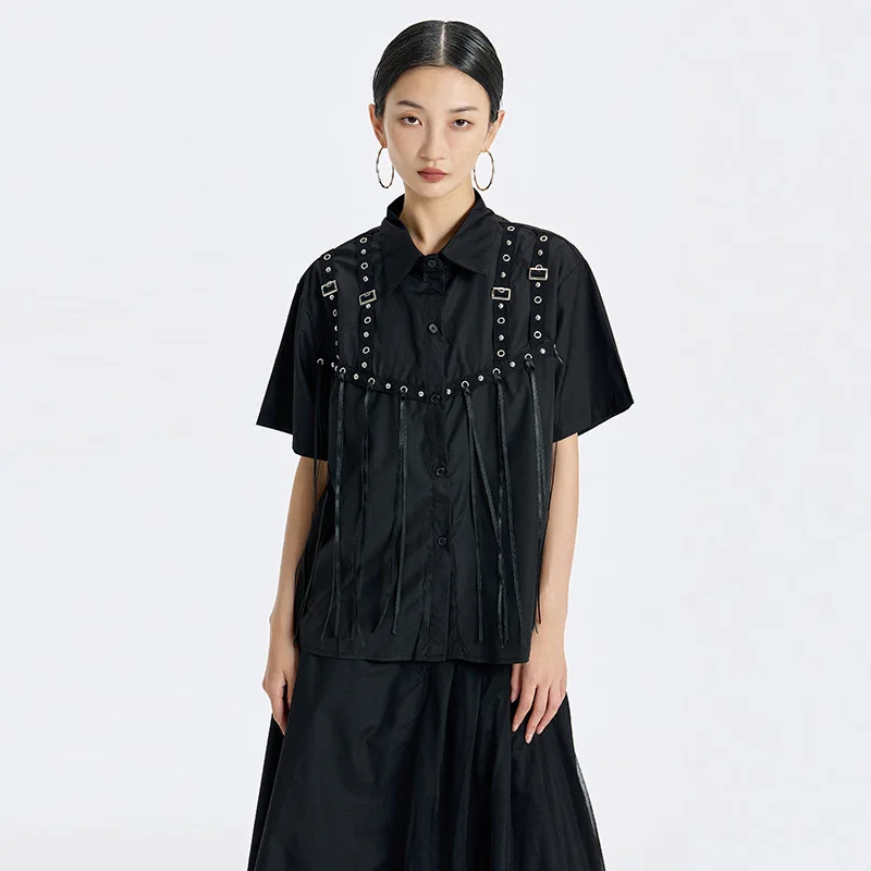 ANJY Spring Summer New Women American Style Functional Rivet Tassel Design Short Sleeves Shirt Loose Fashion Niche Blouse A25725