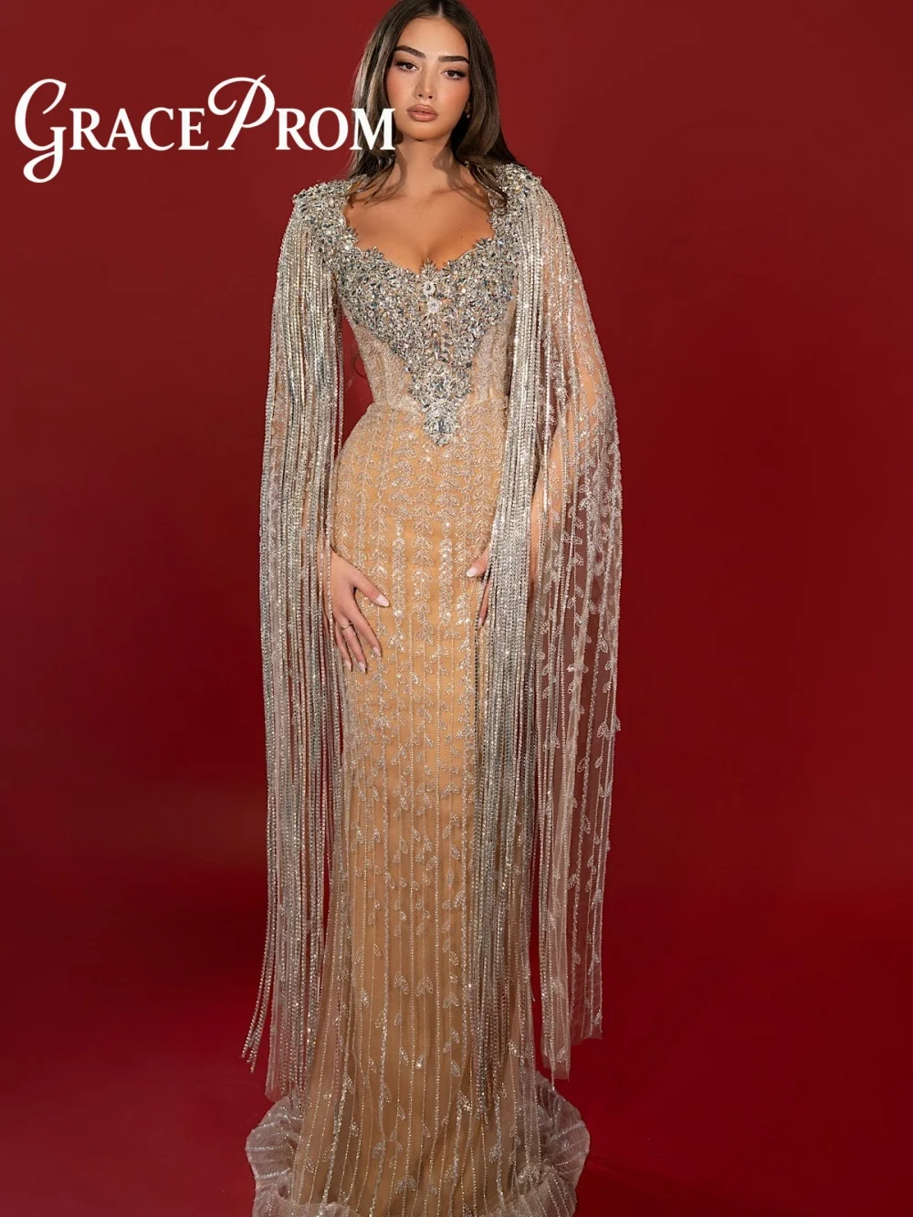 GraceProm Luxe Champagne-Hued Evening Dress 2026 Fringe-Cape Carpet Gown Glittering A-Line Floor-Length Party Gown فساتين