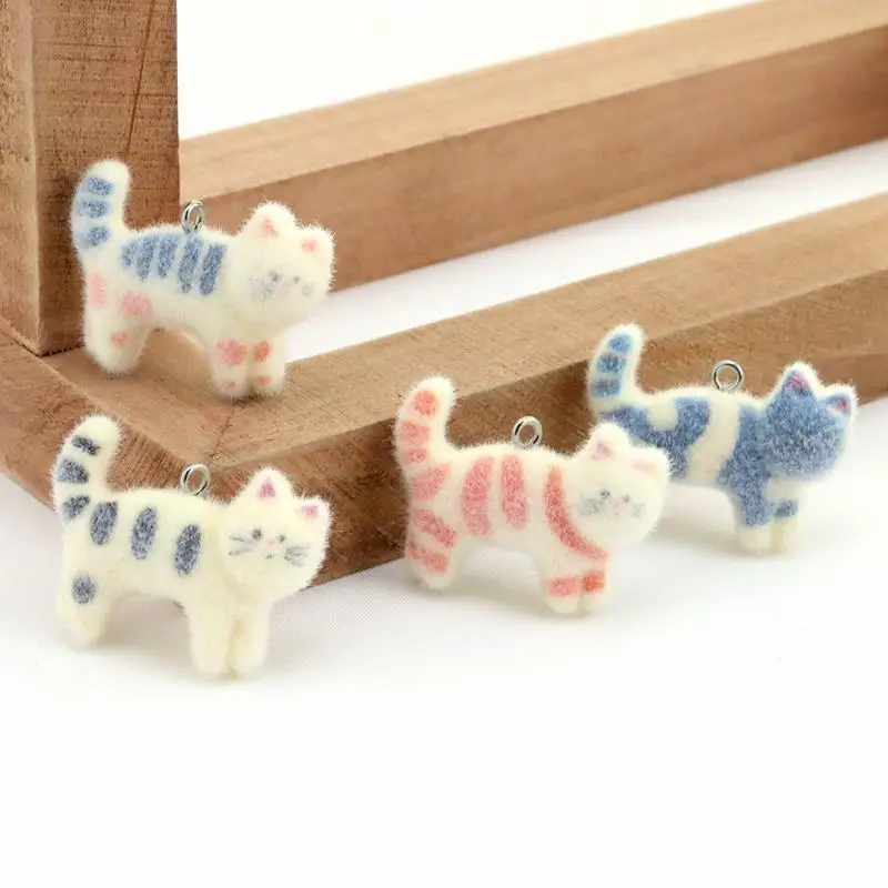 2pcs Kawaii Fluffy Flocking Cat Pendant Charms DIY Jewelry Beads For Earrings Necklace Keychain