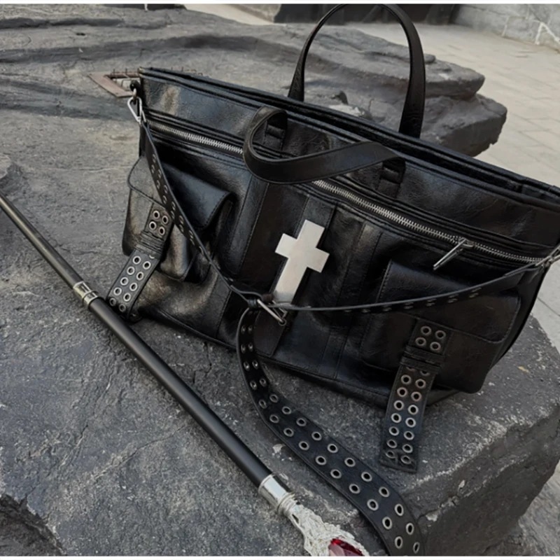 Vintage Distressed Tote Bag mit Kreuznieten, Große Unisex Umhängetasche, Reißverschluss-Handtasche aus Cracked PU für Damen – Detail 25