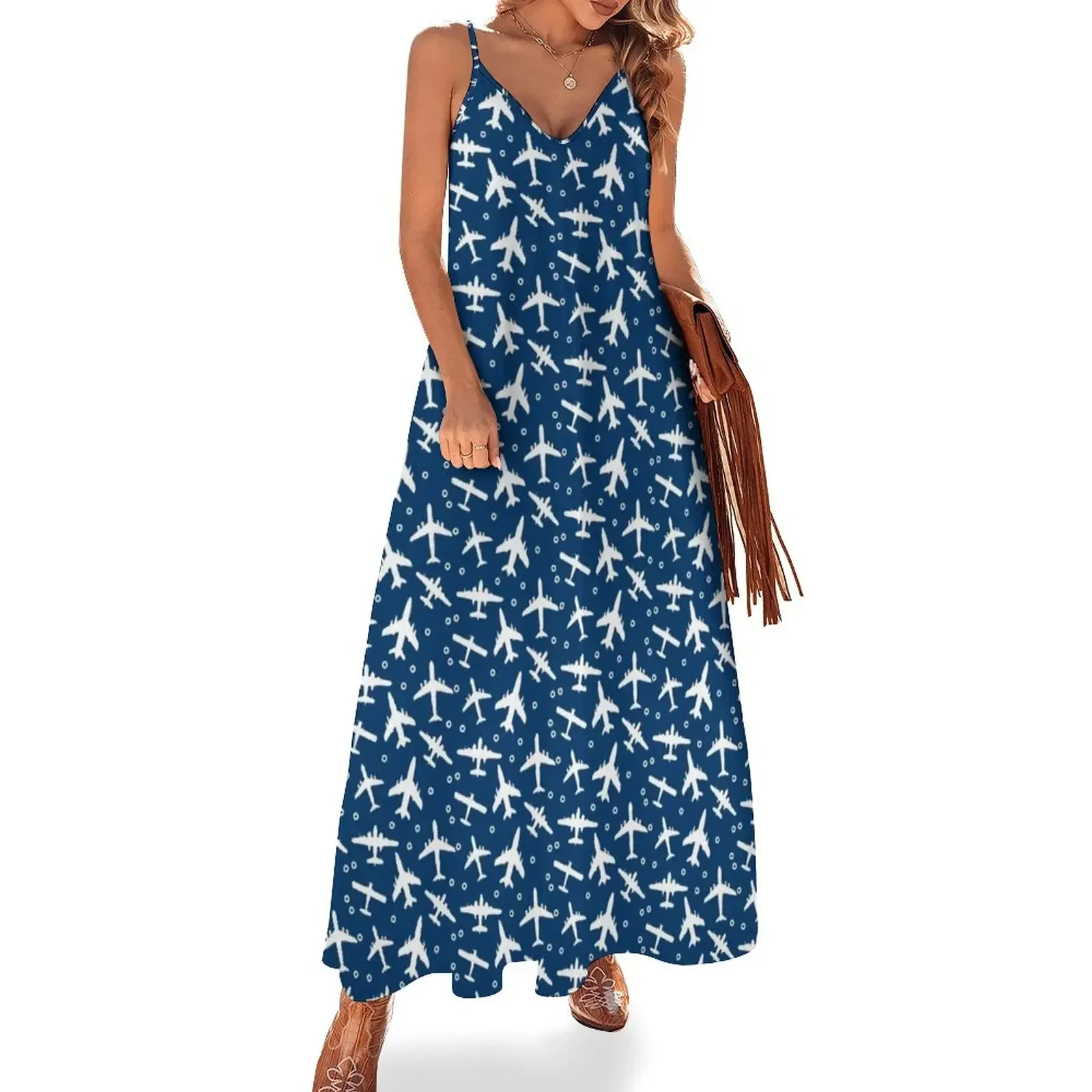 Blue and White Aeroplanes Silhouette Pattern Sleeveless Dress dress women summer purple dress long sleeve