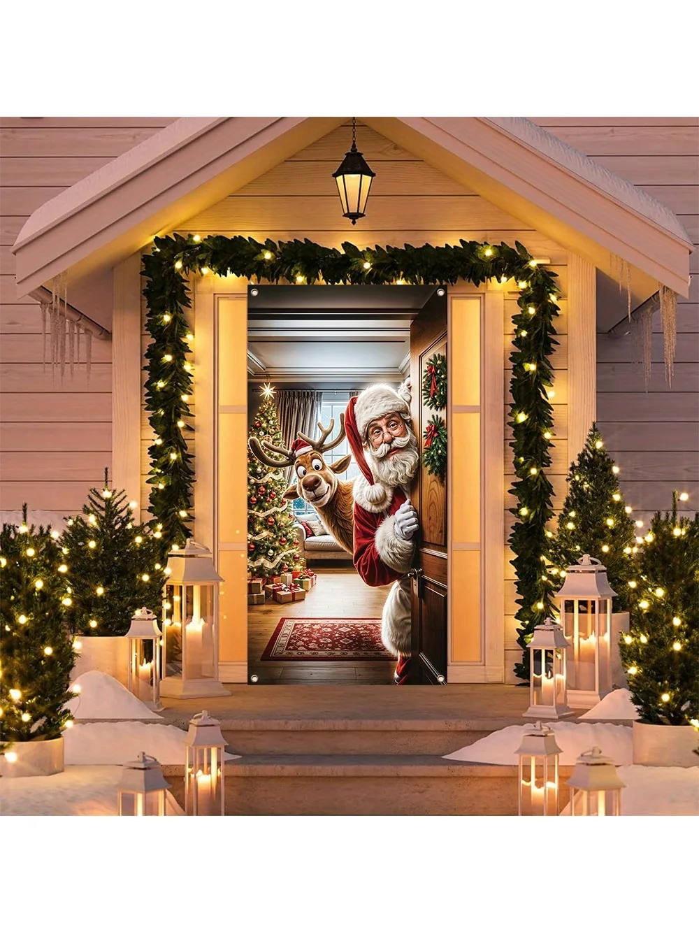 1 piece, Merry Christmas porch banner, Gift Santa applies to indoor outdoor front door home mural decoration