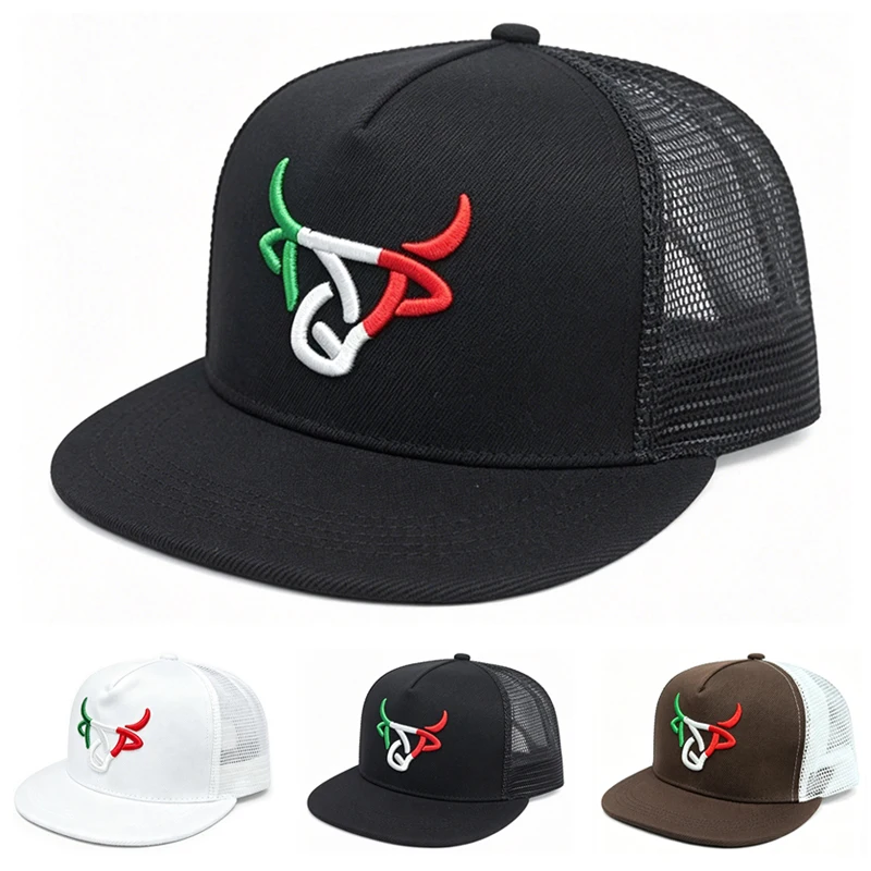 2026 New Fashionable Color blocked Baseball Hat Bull Head Embroidery Flat Edge Hat Daily Decoration Sunshade Hat Unisex Mesh Hat