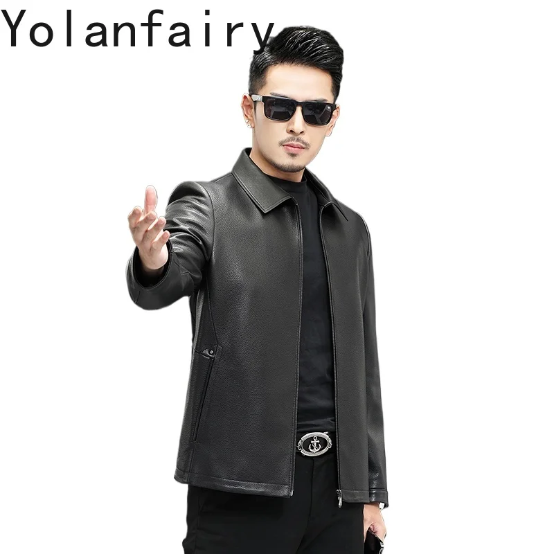 YOLANFAIRY Top Quality 100% Real Sheepskin Leather Jackets Man Fashion Short Men Leather Jacket Rice Grain Pattern Leather Coat