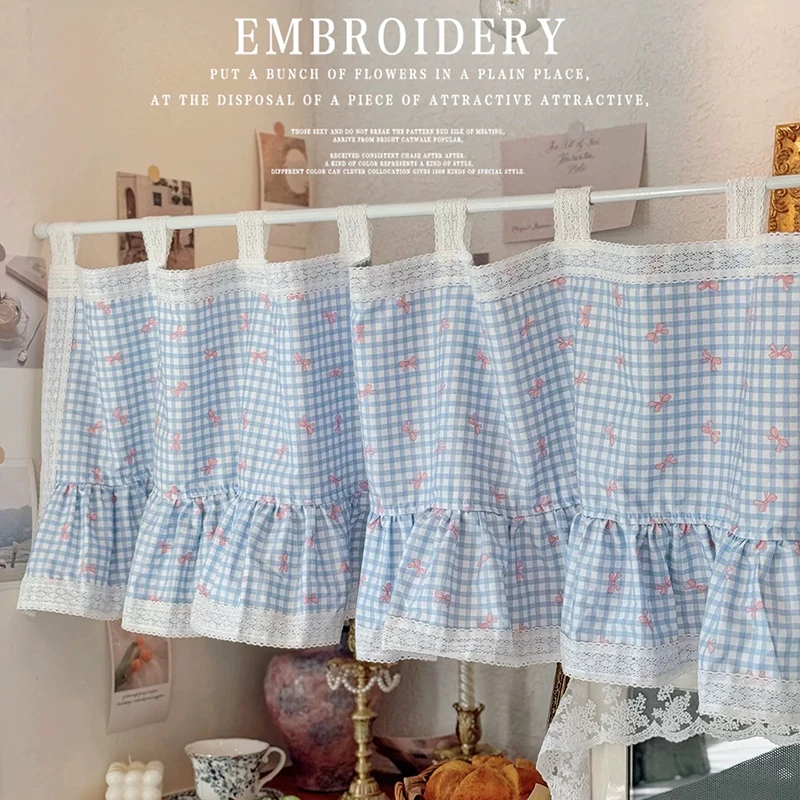 Korean Sweet Blue Lace Short Curtains for Kitchen Tab Top Plaid Half Curtains Bow Window Valance Cotton Curtain #A695