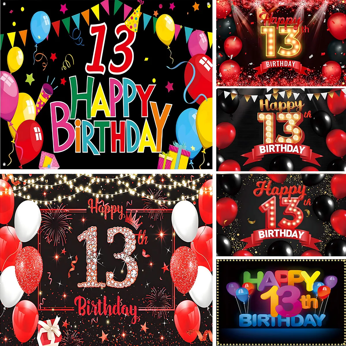 Black Red Happy 13th Birthday Backdrop Jewish Boy 13 Years Old Party Decoration Balloon Bar Mitzvah Photography Background Prop