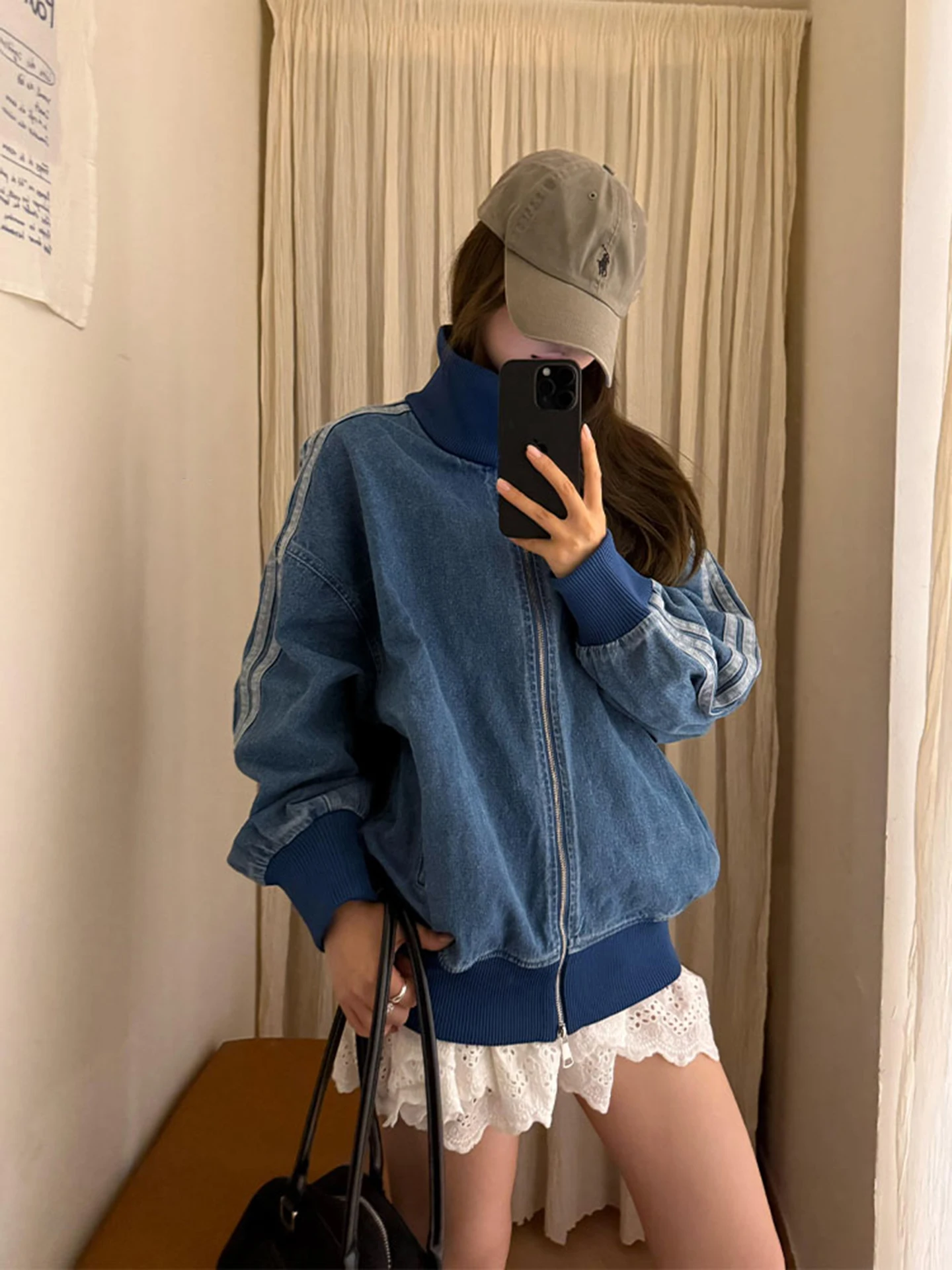 

Американская синяя футболка в полоску в стиле ретро, джинсовая куртка, повседневная бейсбольная одежда с воротником-стойкой и застежкой-молнией, женская верхняя одежда, пальто