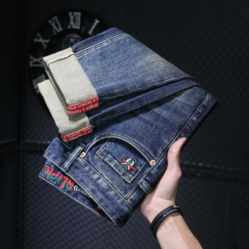 2024 new high-end light luxury MEN\'S jeans fashion embroidery retro elastic straight slim versatile casual fitted denim pants