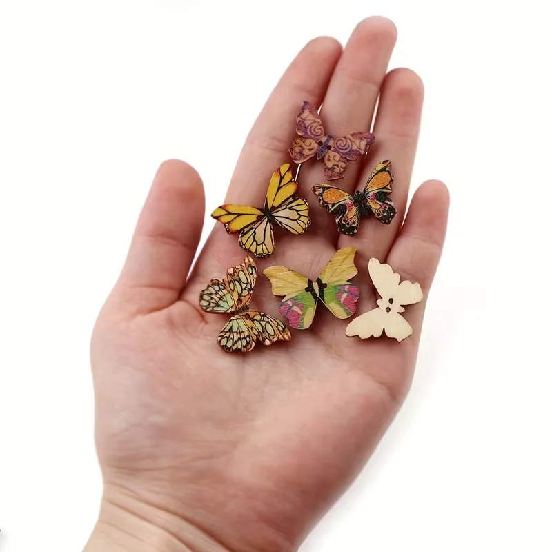50pcs of Wooden Butterfly-Shaped Buttons with Holes for Decoration Additions, Jewelry Making Supplies