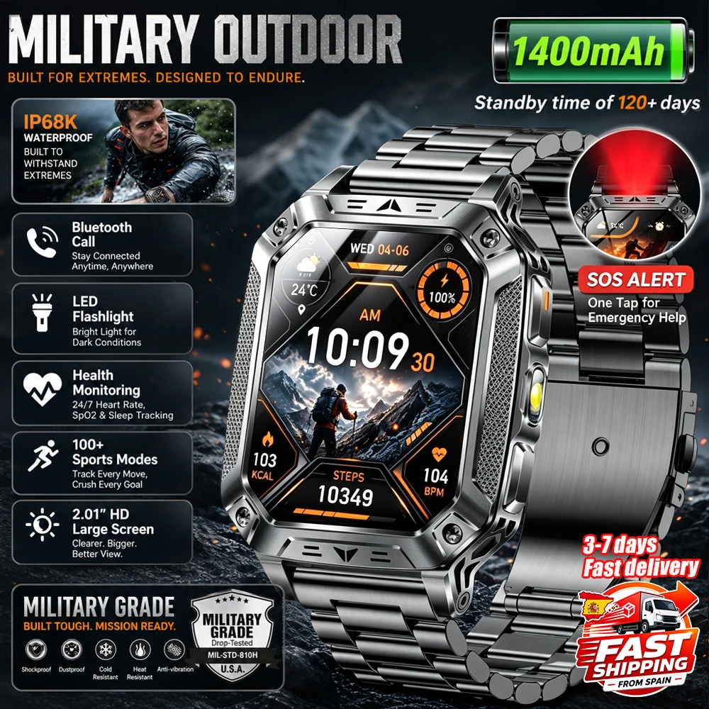 Nouvelle montre intelligente militaire pour hommes 2026, batterie de 1400 mAh, écran AMOLED 2,01", étanche IP68, horloge de sport, moniteur de fréquence cardiaque, SOS, lampe de poche LED, montres intelligentes