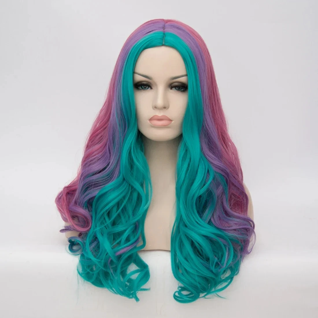 Synthetic Wig Pink Purple Green Mixed Wave Wig with Middle Spilt Part Bangs for Anime Cosplay & Halloween Costumes Fake Hair