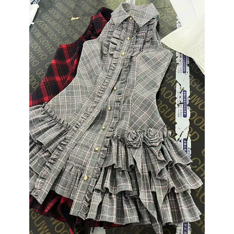 Plissado 3d rosa sem mangas vestido feminino xadrez chique único breasted em camadas bolo vestido verão estilo bonito doce harajuku mini vestido