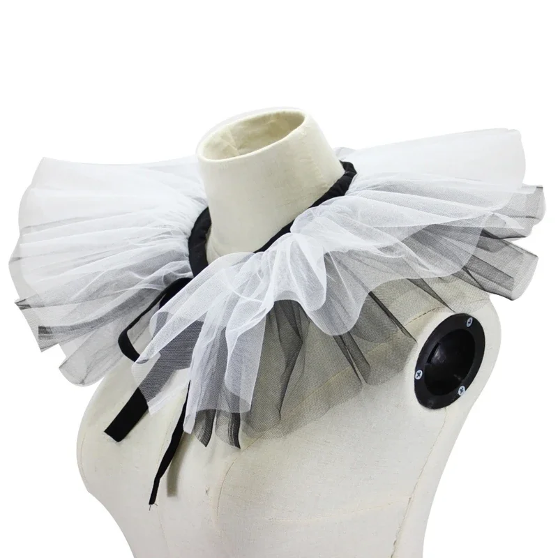 Renaissance Tulle Ruffled Fake Collar Layered Black White Mesh Clown Choker Lace-Up Ribbon Victorian Neck Ruff Shawl Cosplay