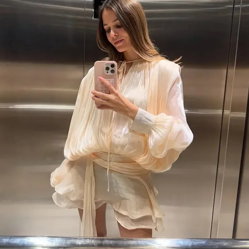 Printkaair feminino em camadas babados hem rendas até mini vestido moda manga longa queimado cintura alta a linha vestidos senhora vestido de férias