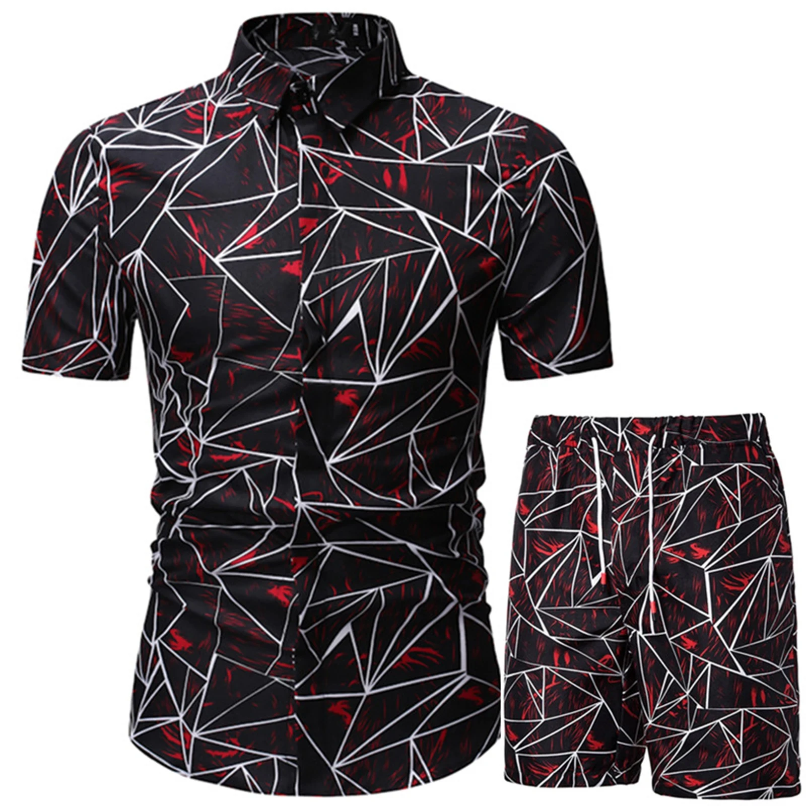 Hawaii 2 Pcs Men Summer Beach Outfits 3D Printed Short Sleeve Lapel Button Down Shirt + Drawstring Shorts Male Clothes Sets