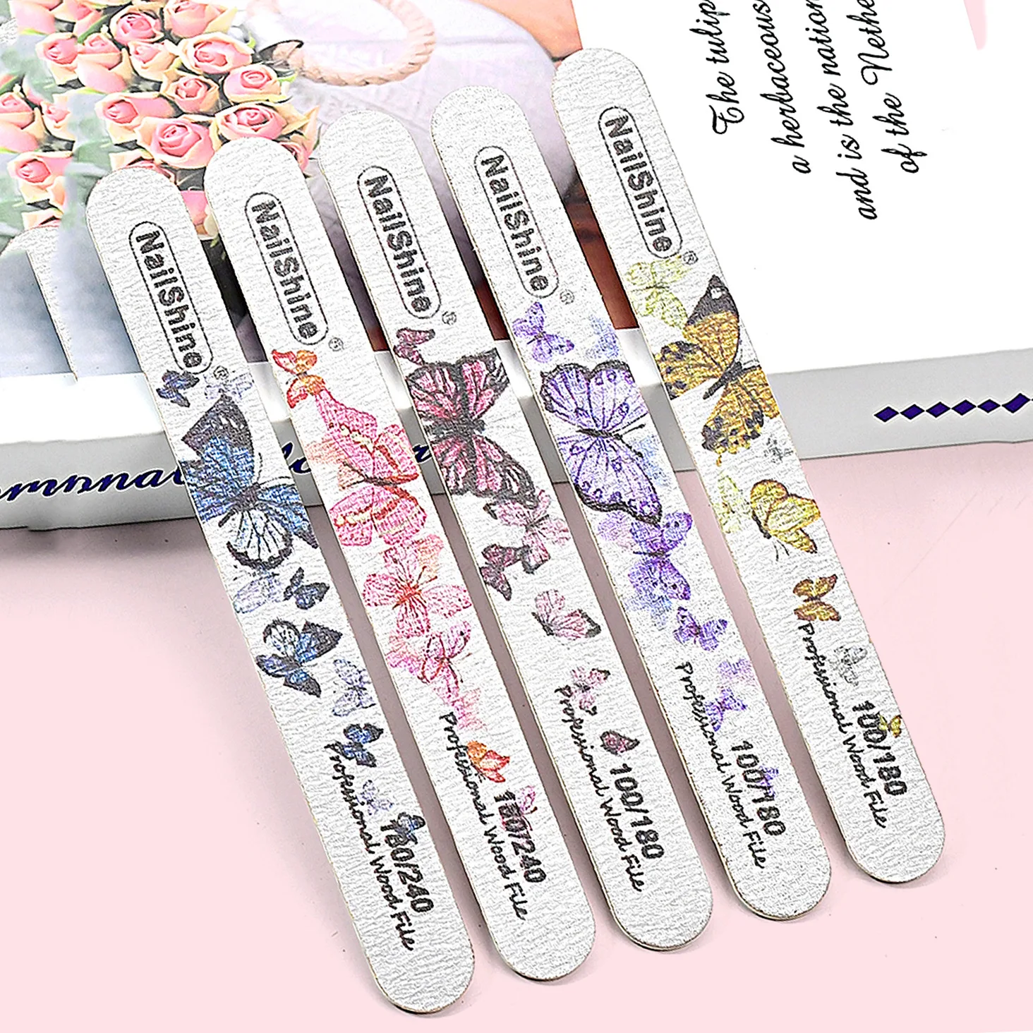 10pcs/Set Butterfly Wooden Nail Files for Manicure 100/180 Sandpaper Buffer Block Durable Manicure Gel Polish Nail Art Tools