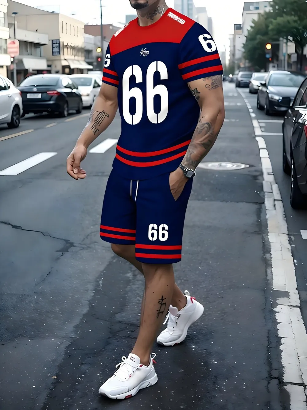 

Men's summer training striped digital print comfortable breathable round neck T-shirt drawstring shorts set outdoor sportswear