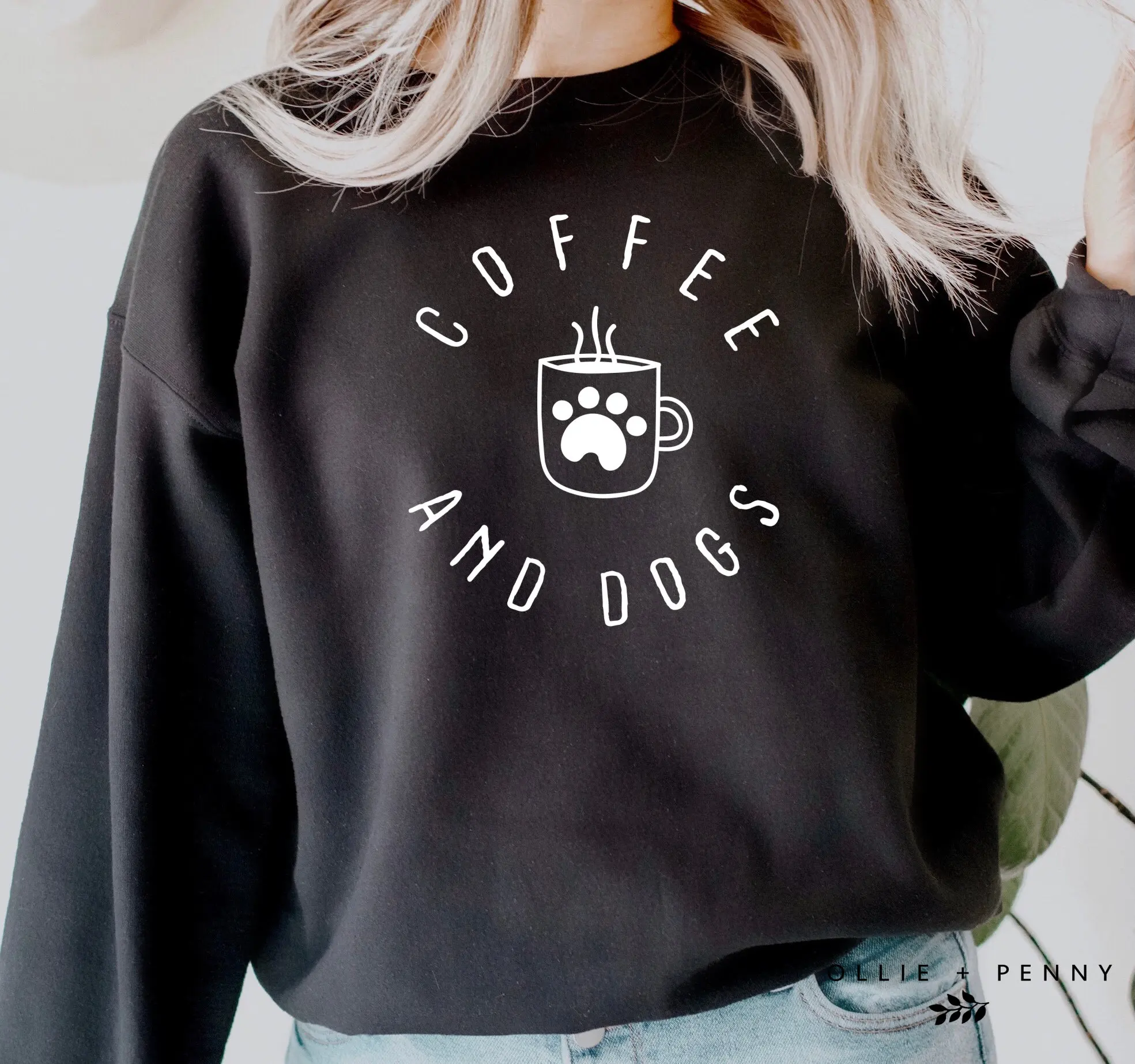 Coffee and Dogs Slogan Women Sweatshirt Cute Cartoon A Cup with A Dog's Paw on It Print Female Clothes Trend Casual Girl Tops