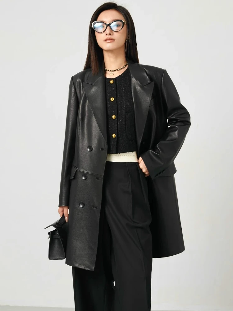 Lace-up Long Genuine Leather Windbreaker Jackets for Women Spring Autumn High-end Simple Soft Black Real Sheepskin Trench Coat