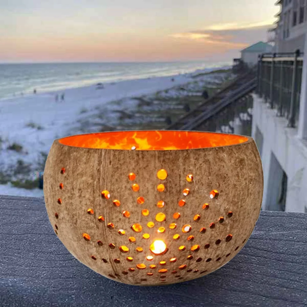 -حامل شموع ABCU، حامل شموع على شكل قشرة جوز الهند مصنوع يدويًا لوعاء شمعة ريفية على شكل عمود صغير