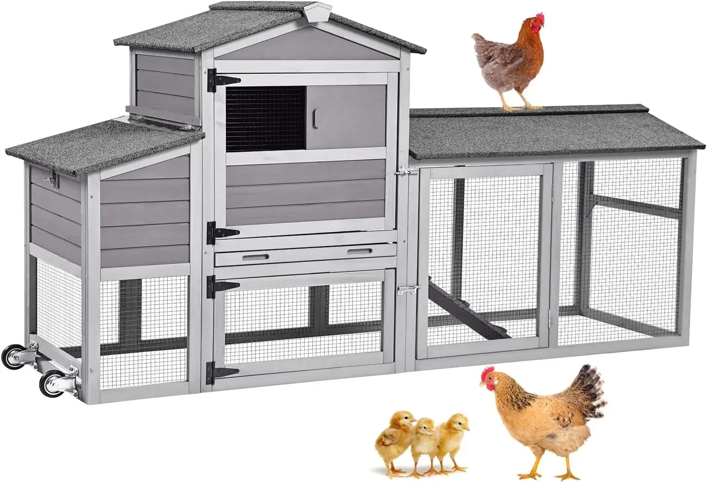 80in Chicken Coop Mobile Hen House Outdoor Wooden Poultry Cage with Wheels Nesting Box Run