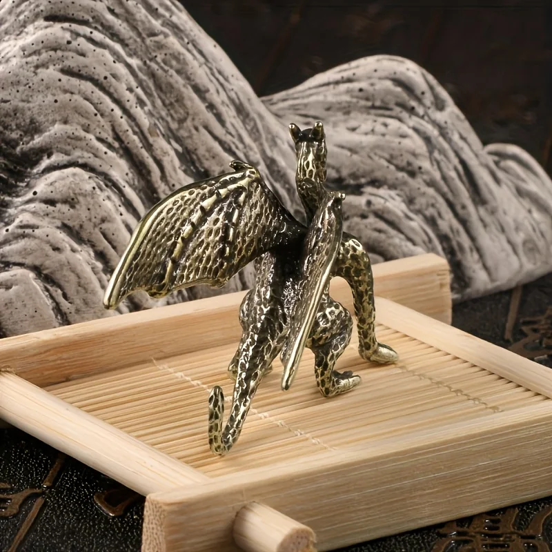 2 classic brass mythical flying dragon statues, rustic design for collectors and enthusiasts
