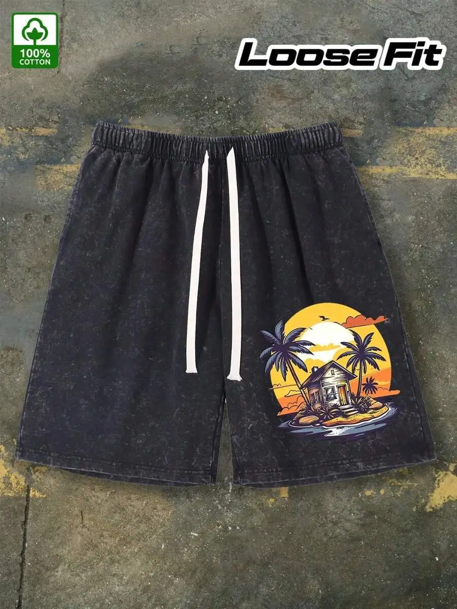 

Mens Black Washed Cotton Printed Shorts With Tropical Print Loose Fit Drawstring Waist