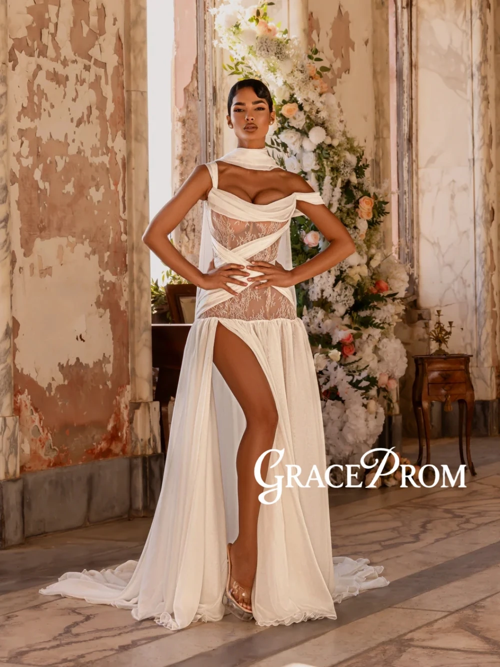 

Charming Off Shoulder Wedding Dress With Lace Cutout & High Slit Unique Chiffon Sexy Bridal Gown With Draped Detail Customized