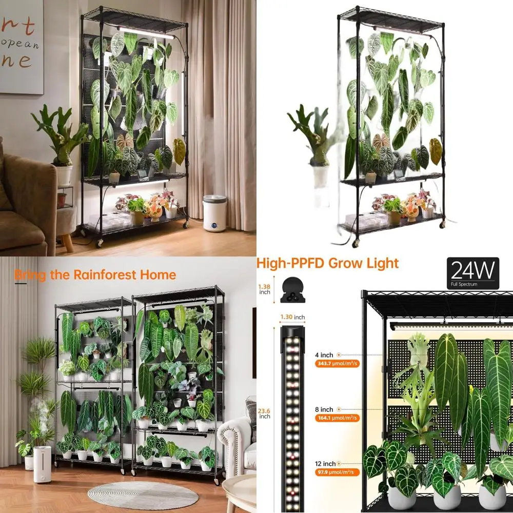 

Регулируемая стеллажная полка для растений с фитолампой и колесиками для комнатных растений и рассады, 35.4x13.8x71