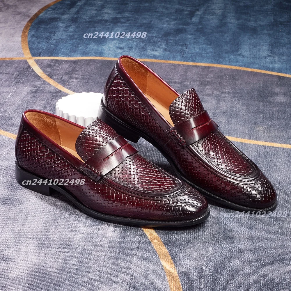 Male Woven Penny Loafers Interlaced Weave Surface Leather Strap Decor Edge Sewing Slip On Flat Thick Sole Man Made Formal Shoes