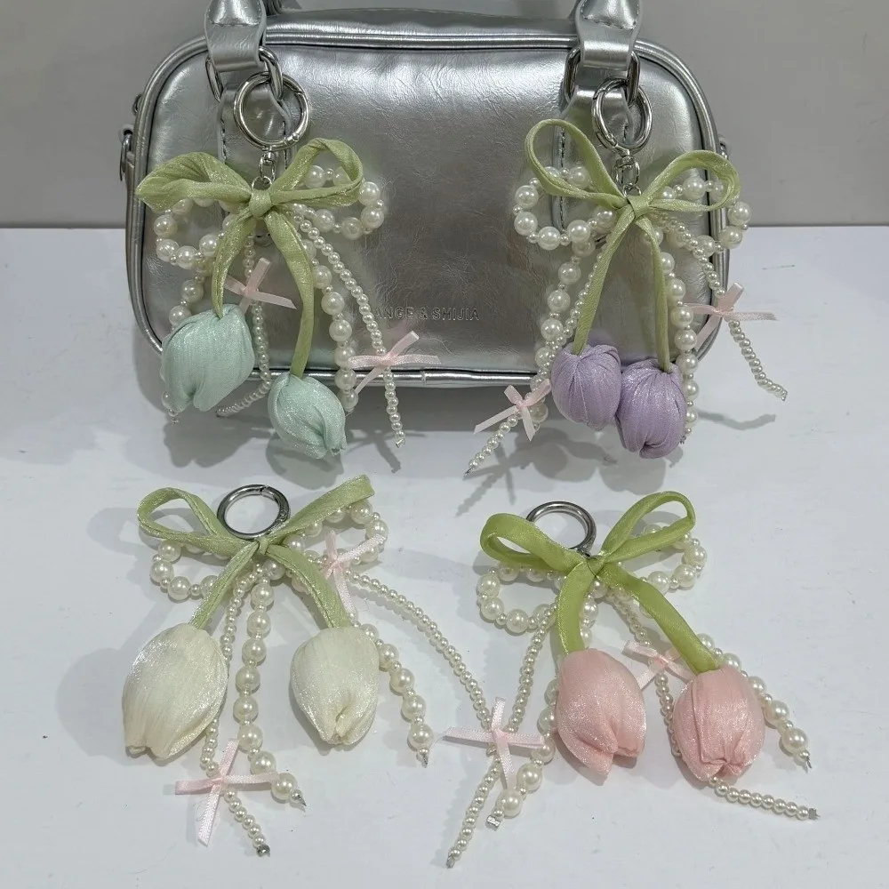 New Ribbon Pearl Tulip Ribbon Keychain Tulip Jewelry Style Pearl Bow Bag Accessories DIY Key Chains Mobile Phone Chain